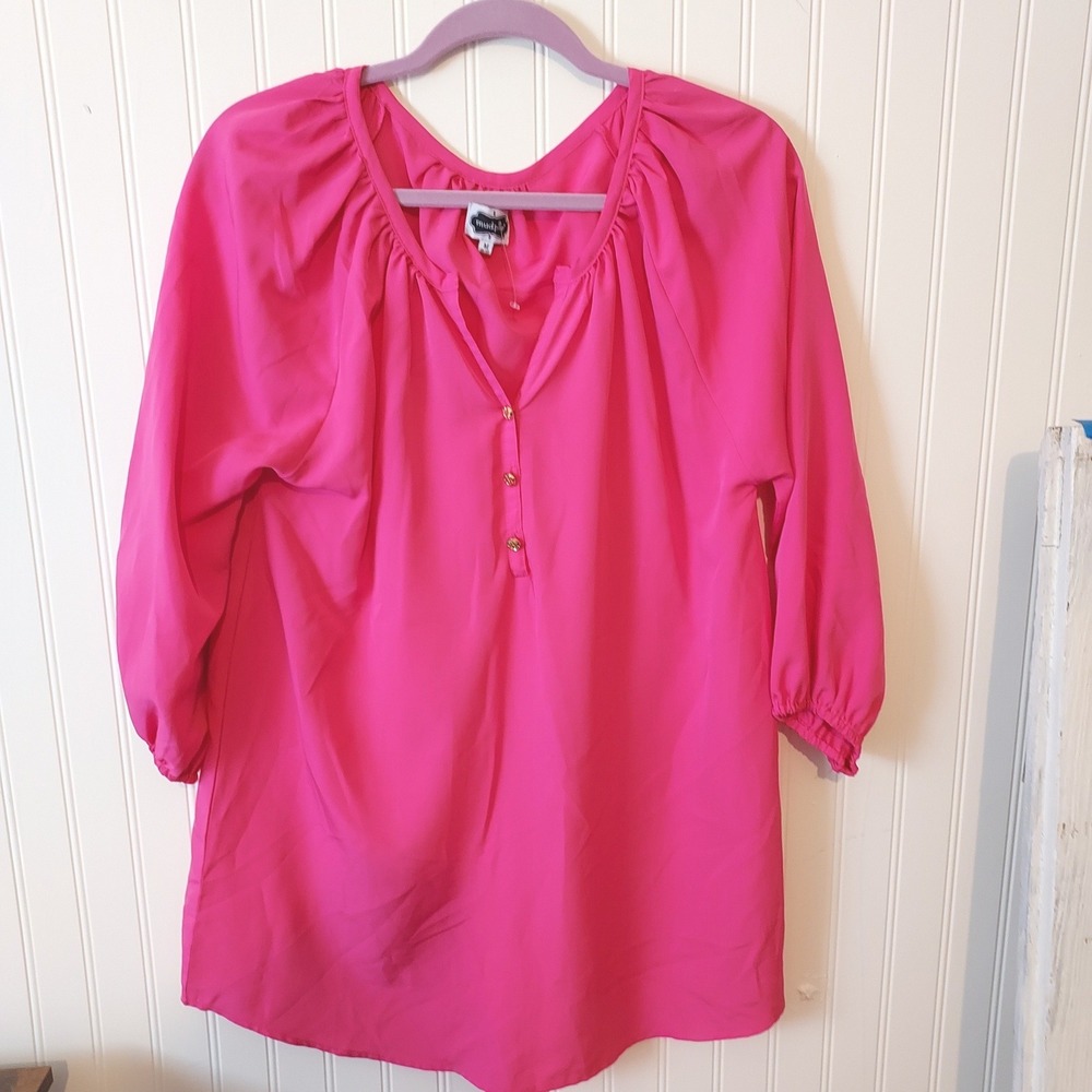 Mud Pie Tunic Blouse Womens Medium M Pink V-Neck 3/4 Sleeve Boho Coastal Flowy